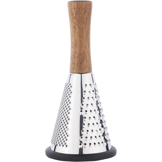 Razatoare Conica Multifunctionala din Inox cu Maner din Lemn – 3 Functii, pentru Branza Parmezan, Legume si Fructe, Baza Anti-Alunecare