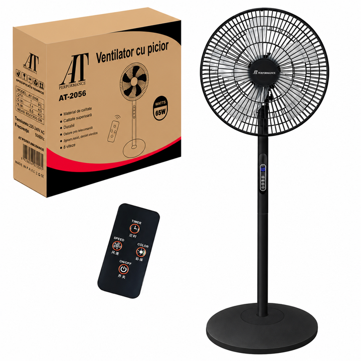 Ventilator cu Picior AT PERFORMANCE® AT-2056, 65W, Telecomandă, 8 Viteze, Oscilație, Display LED, Silentios