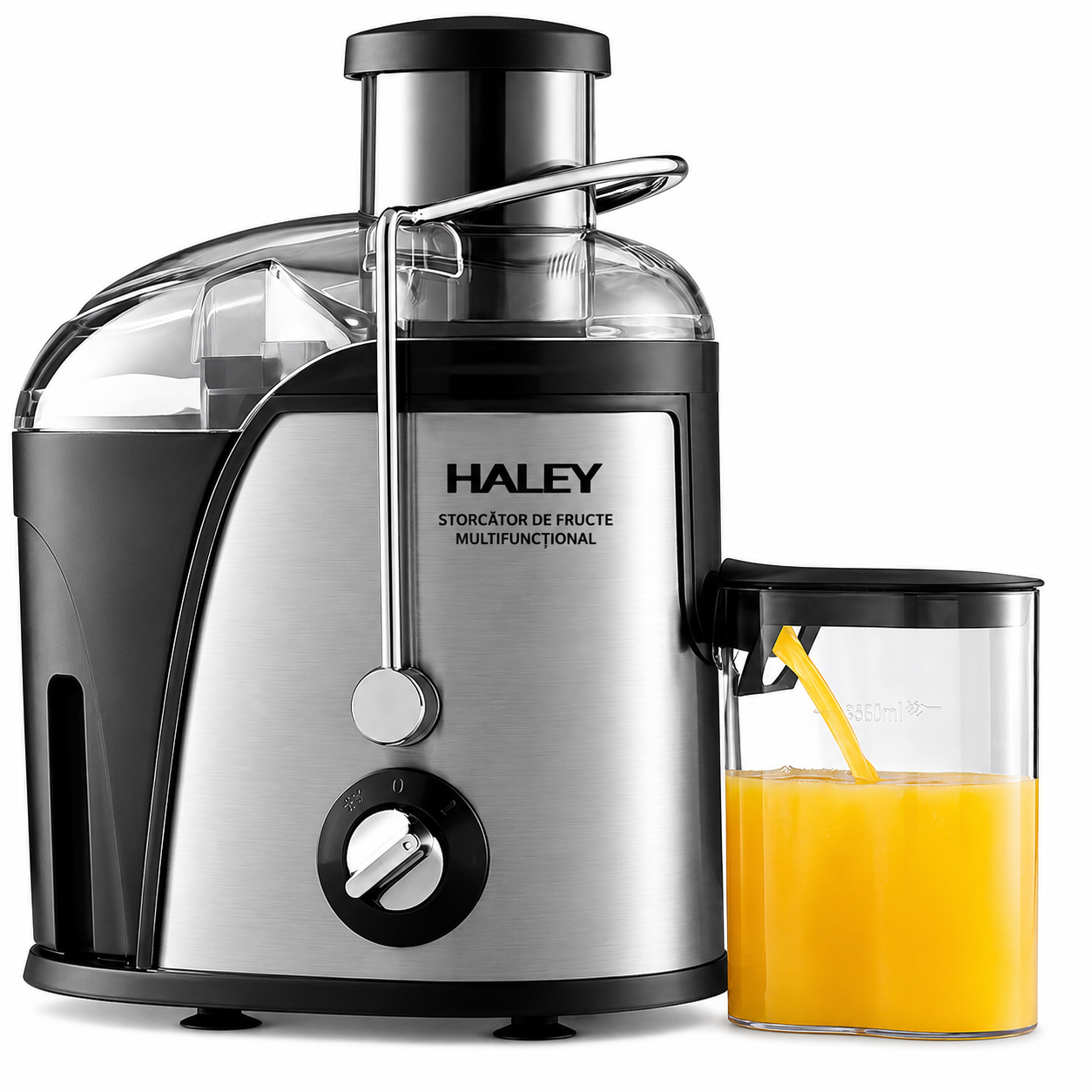 Storcător De Fructe Și Legume HALEY HY-2902, 1000W, 3 Viteze + Pulse, Tub Alimentare 65 mm, Recipient Pulpă 1.2L, Recipient Suc 0.5L, Filtru Din Oțel Inoxidabil