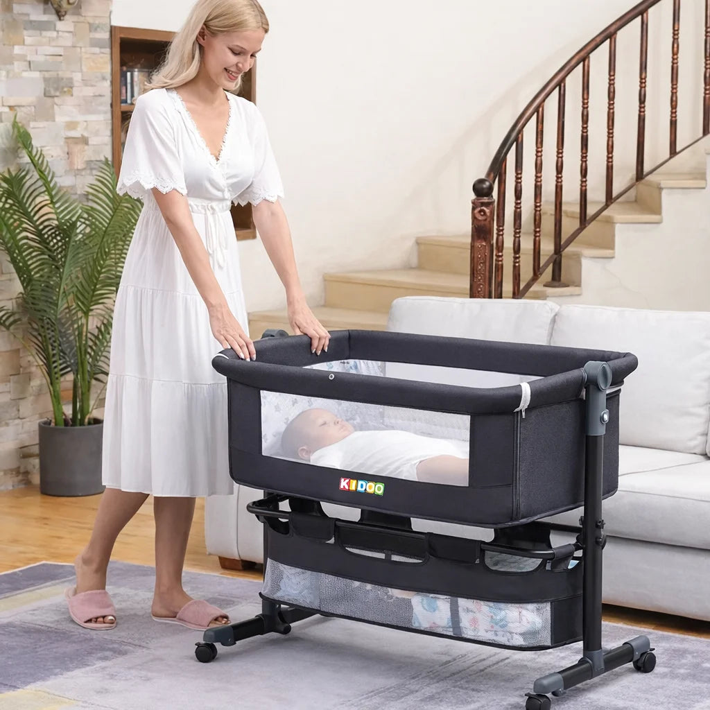 Pătuț Reglabil 6 în 1 KIDOO® pentru Bebe – Leagăn, Pătuț de Călătorie, Coș Depozitare, Plasă Țânțari, Saltea Moale, Roți 360°, Gri