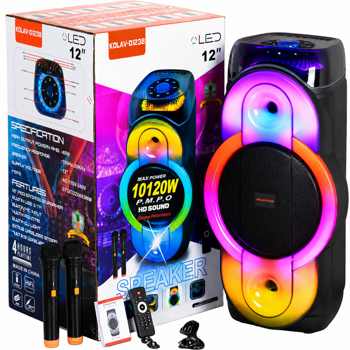 Boxă Portabilă Karaoke KOLAV D1238, 12", 400W, Bass Puternic, Bluetooth, 2 Microfoane Wireless, RGB LED, USB/TF/AUX, Telecomandă, Acumulator Reîncărcabil