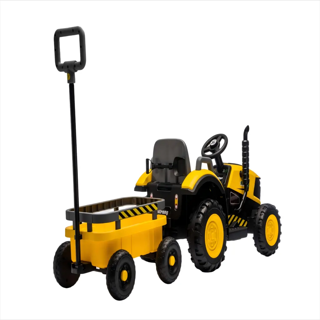 Tractor Electric KIDOO pentru Copii cu Telecomandă 2.4G, Remorcă Detașabilă, 12V 4.5Ah, 2 Motoare 380, Lumini LED, Muzică, Centură de Siguranță, Galben/Gri