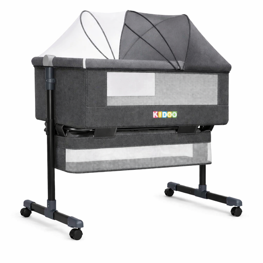 Pătuț Reglabil 6 în 1 KIDOO® pentru Bebe – Leagăn, Pătuț de Călătorie, Coș Depozitare, Plasă Țânțari, Saltea Moale, Roți 360°, Gri