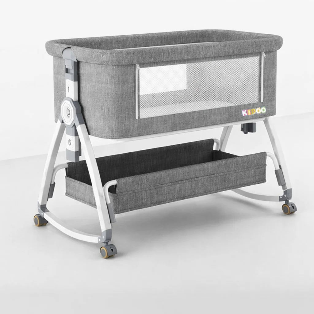 Pat portabil pentru bebeluși KIDOO® 3 în 1 cu saltea confortabilă, înălțime reglabilă, roți și pliere ușoară – ideal pentru nou-născuți, gri