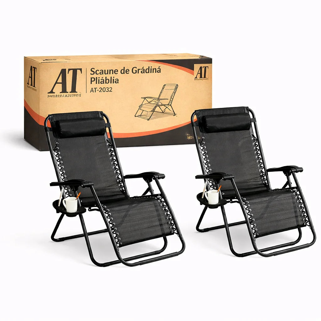Set 2 Scaune Șezlonguri Portabile Pliabile AT PERFORMANCE® – Zero Gravity, Cadru Aluminiu, Suport Pahar