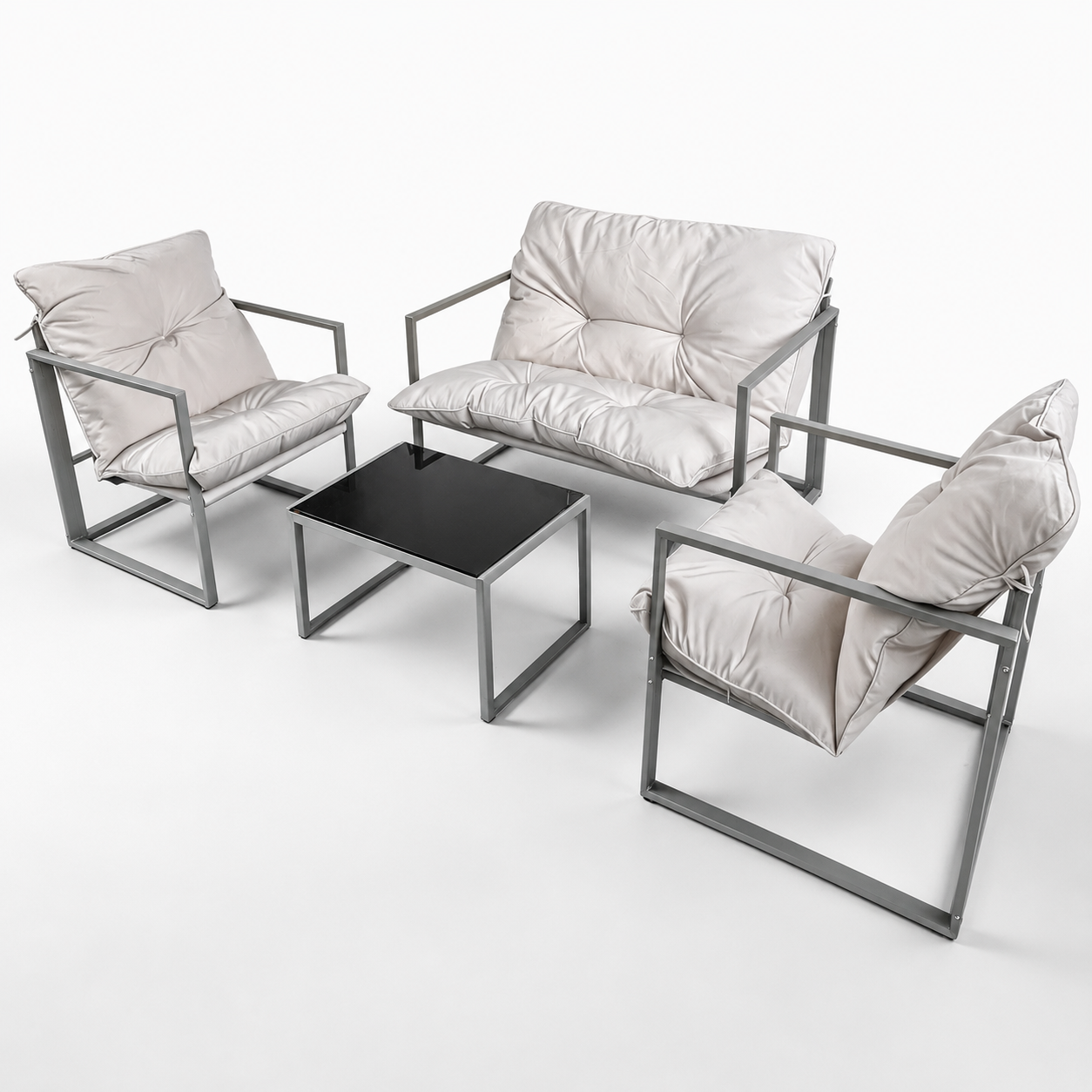 Set Mobilier Grădină AT PERFORMANCE® 4 Piese, Canapea 2 Locuri + 2 Fotolii + Măsuță cu Sticlă Securizată Neagră, Cadru Metalic