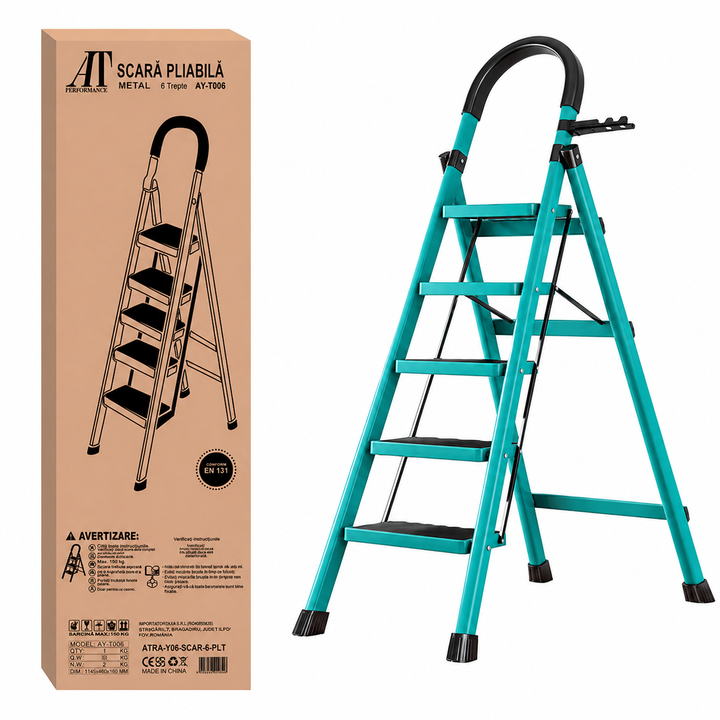 Scara Pliabila cu 5 Trepte Late, At Performance, Metalica, Maxim 150 Kg, Picioare Antialunecare