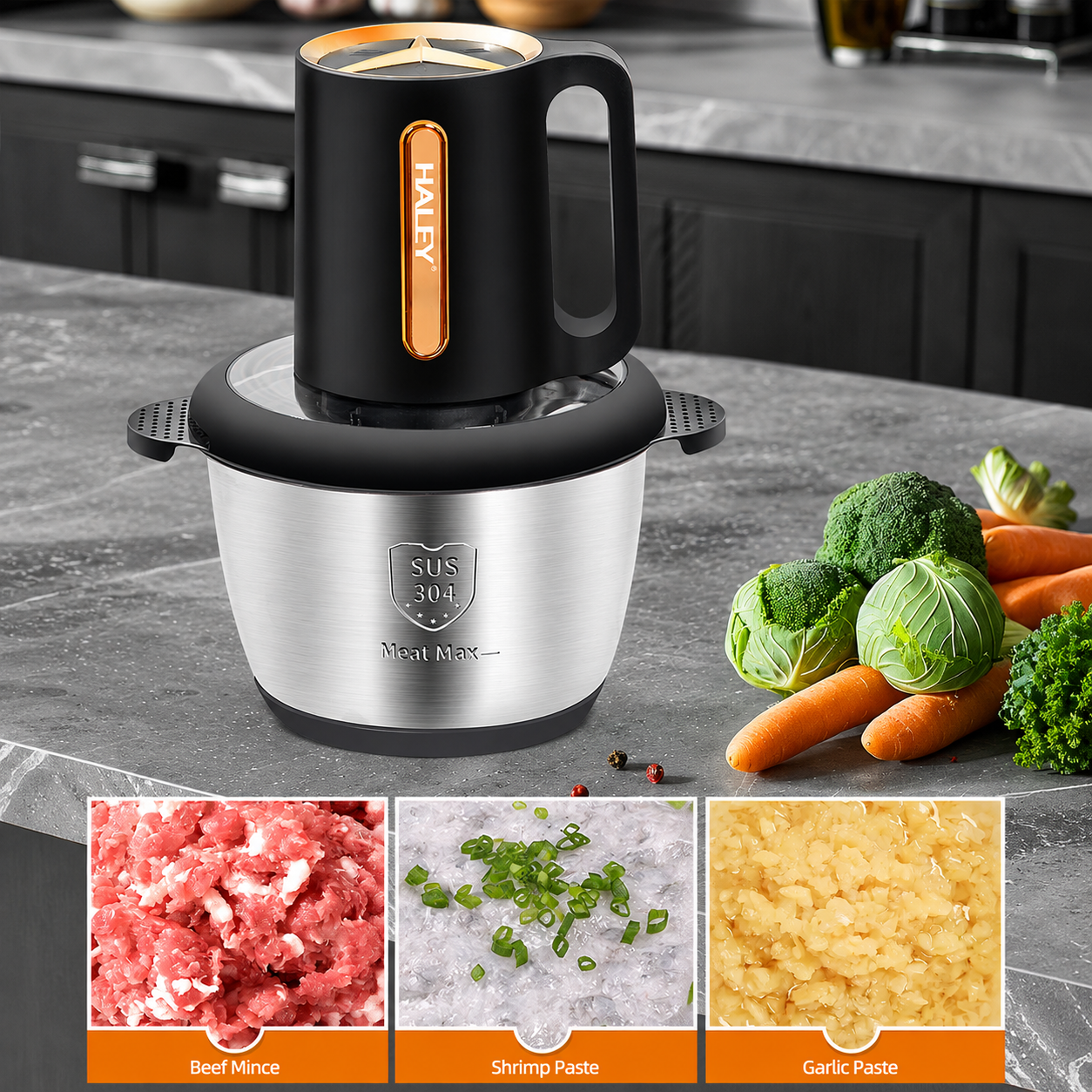 Tocător Electric HALEY HY-1253, 1200W, Bol Inox SUS 304 de 3L, 4 Lame din Oțel Inoxidabil, 3 Trepte de Viteză, Sistem Antiderapant