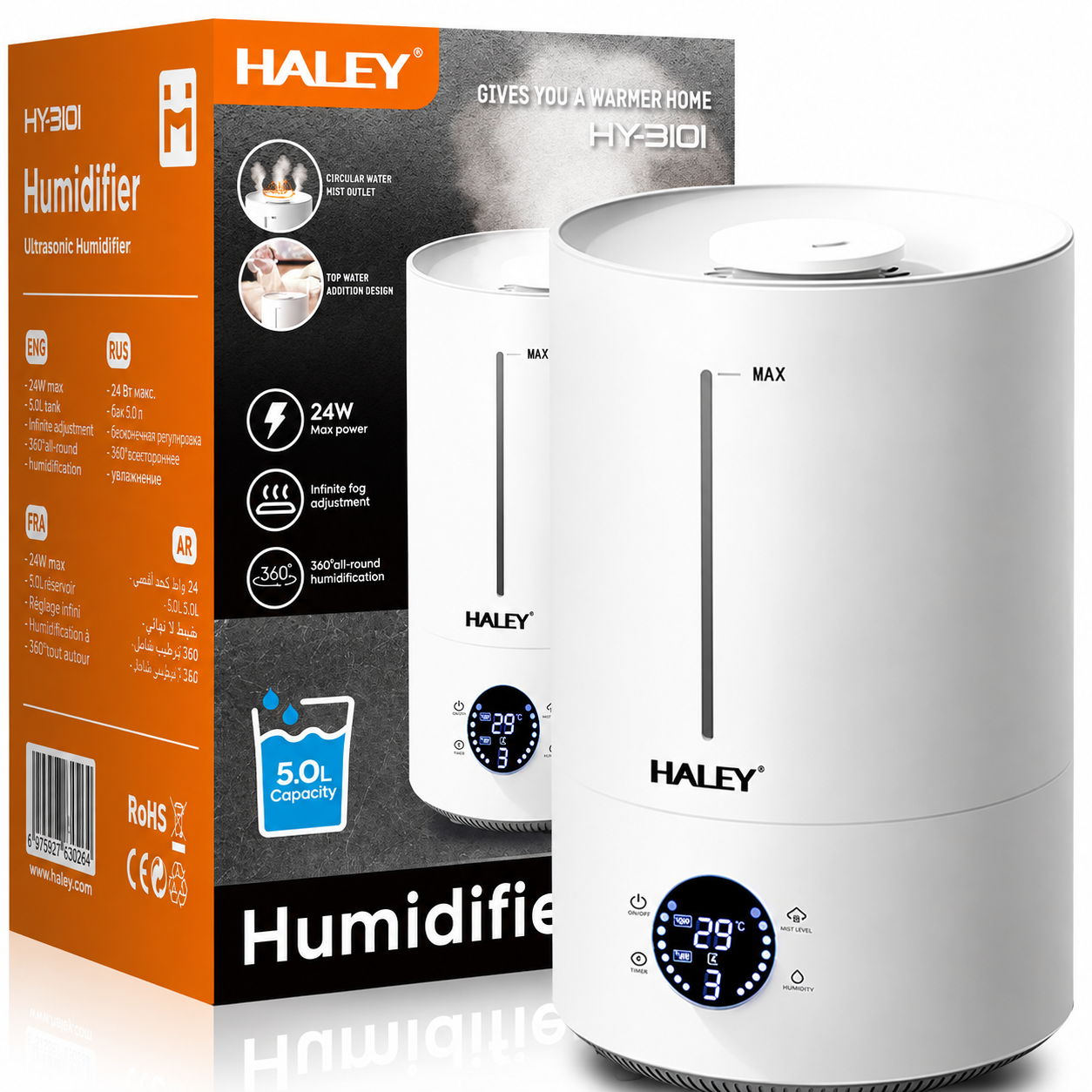 Umidificator de Aer HALEY HY-3101, Rezervor 5L, Umidificare 360°, Intensitate Reglabilă, Umplere de Sus, Panou Digital, 1000W, Alb