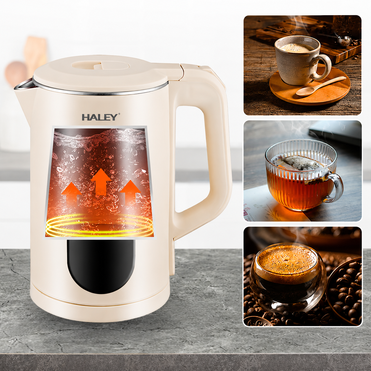 Fierbător Electric Haley HY-8913, 1.8L, 1500W, Inox SUS 304, Bază Rotativă 360°, Oprire Automată