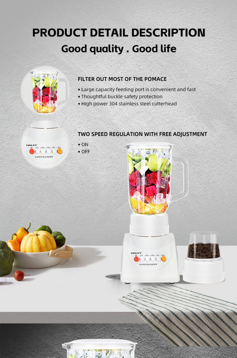 Blender Multifuncțional 2 în 1 HALEY 800W, 4 Viteze, 1L, Măcinător de Cafea, Capacitate Suc 500ml, Design Compact