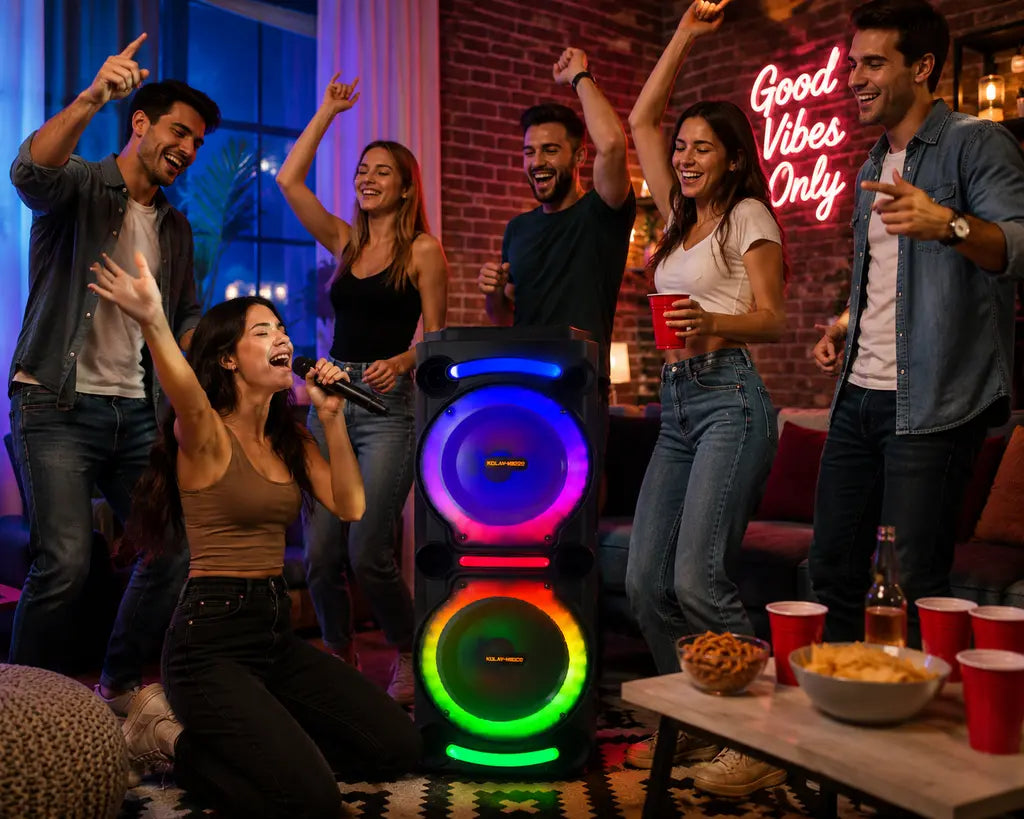 Boxă Karaoke Portabilă KOLAV-M2212, 100W RMS, 2x12", Bluetooth, 2 Microfoane Wireless, RGB LED, TWS, USB-C, TF Card, Telecomandă Inclusă