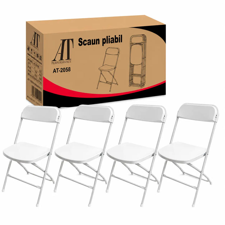 Set 4 Scaune Pliabile Albe cu Structură Metalică și Șezut din Plastic Rezistent – Scaune Rabatabile pentru Evenimente, Terasă, Bucătărie și Uz Profesional