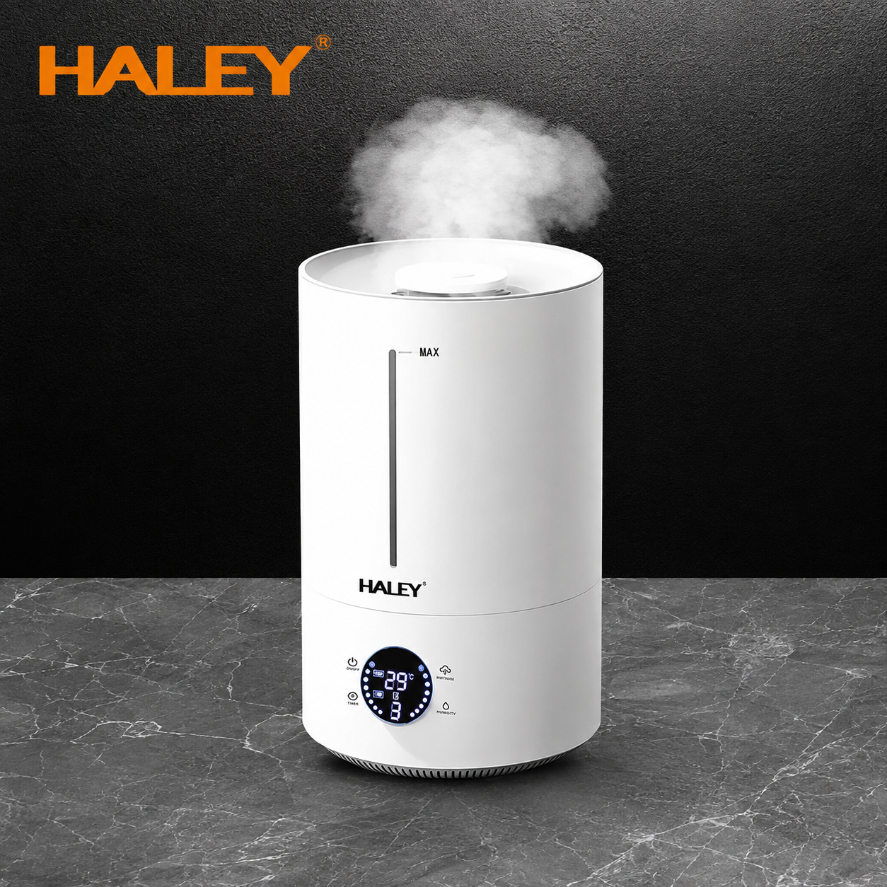 Umidificator de Aer HALEY HY-3101, Rezervor 5L, Umidificare 360°, Intensitate Reglabilă, Umplere de Sus, Panou Digital, 1000W, Alb