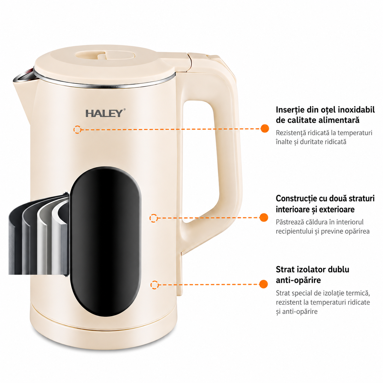 Fierbător Electric Haley HY-8913, 1.8L, 1500W, Inox SUS 304, Bază Rotativă 360°, Oprire Automată