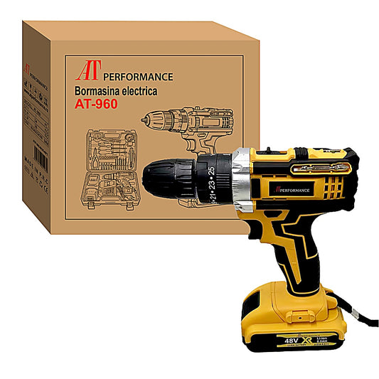 Trusă Bormașină cu Acumulator AT PERFORMANCE® 48V, 2 Baterii 5.0Ah, 2 Viteze, 42Nm, 30 Accesorii, Mandrină 13mm, Cutie Transport