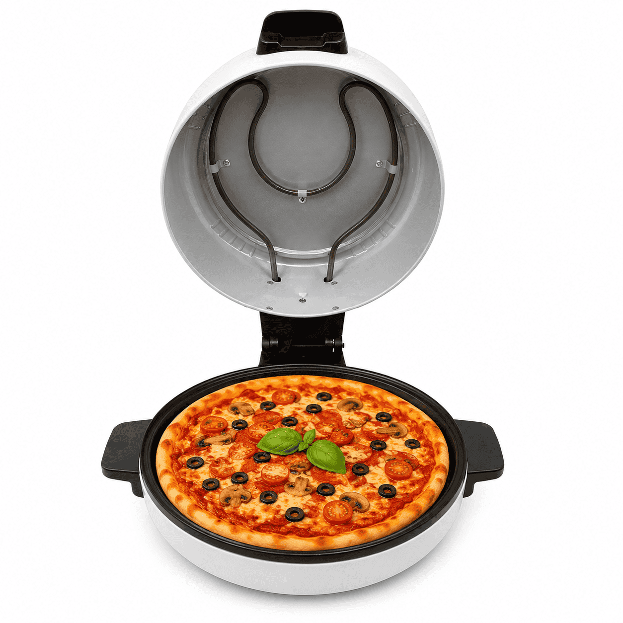 Cuptor Electric pentru Pizza 3000W, Deschidere 180°, Încălzire Sus-Jos, Tavă Rotundă, Mânere Termoizolante, Alb