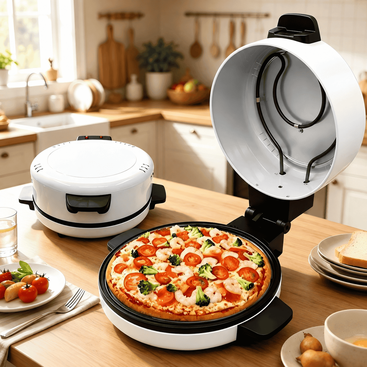 Cuptor Electric pentru Pizza 3000W, Deschidere 180°, Încălzire Sus-Jos, Tavă Rotundă, Mânere Termoizolante, Alb