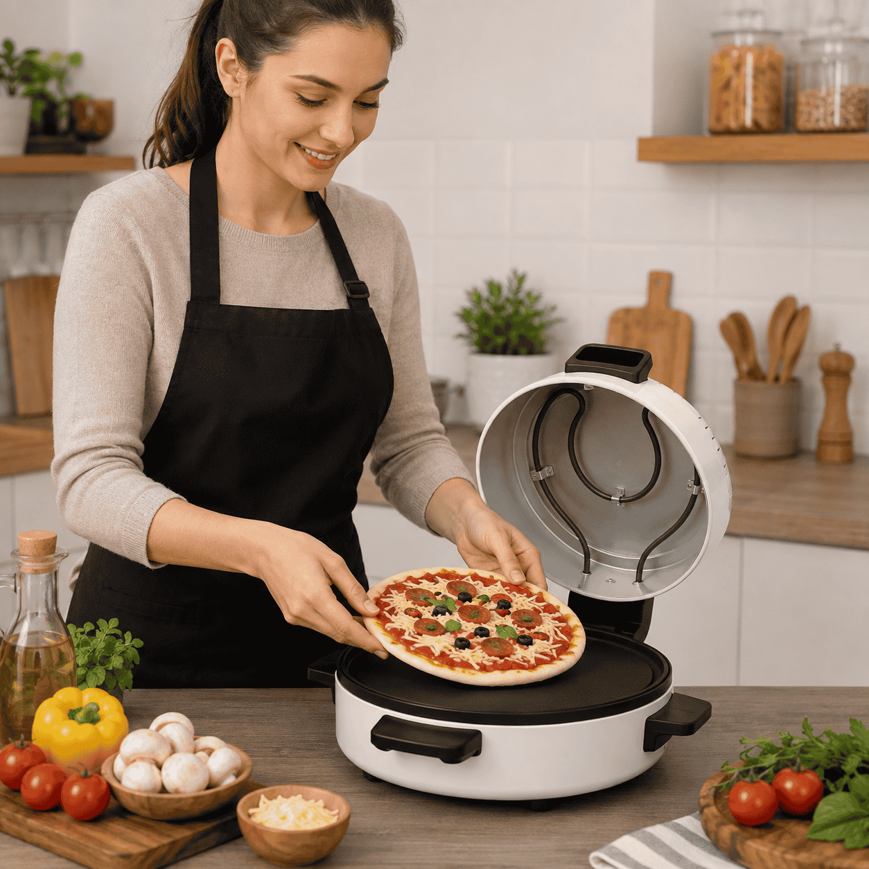 Cuptor Electric pentru Pizza 3000W, Deschidere 180°, Încălzire Sus-Jos, Tavă Rotundă, Mânere Termoizolante, Alb