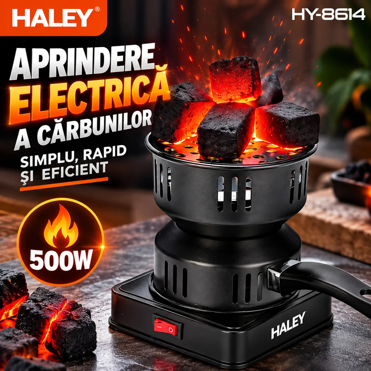 Aprinzător Electric Cărbuni HALEY HY-8614, 500W, 220–240V, 50/60Hz, Multifuncțional, pentru Aprindere Cărbuni, Încălzire, Preparare Cafea, Tămâie și Ceară, 2 Tăvi Incluse
