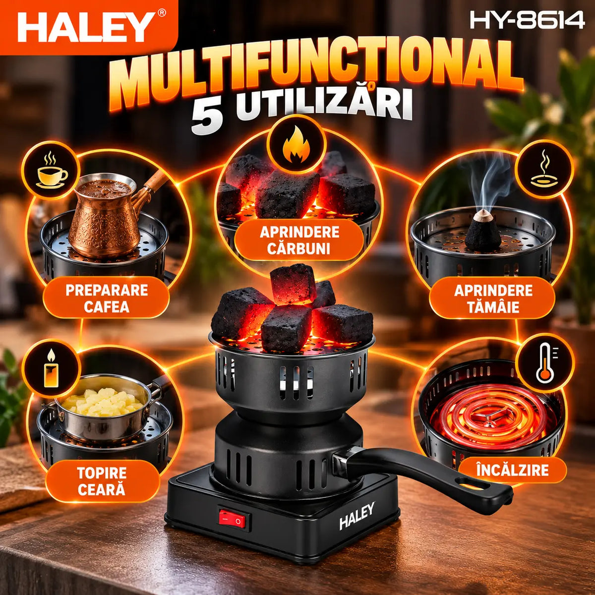 Aprinzător Electric Cărbuni HALEY HY-8614, 500W, 220–240V, 50/60Hz, Multifuncțional, pentru Aprindere Cărbuni, Încălzire, Preparare Cafea, Tămâie și Ceară, 2 Tăvi Incluse