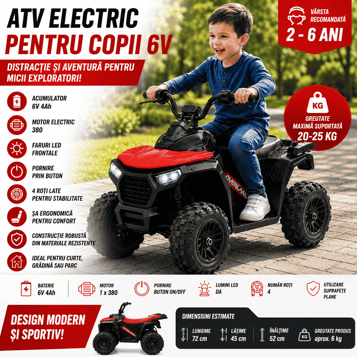 ATV Electric KIDOO pentru Copii 6V, Motor 380, Faruri LED, Pornire cu Buton, Design Off-Road, Roșu