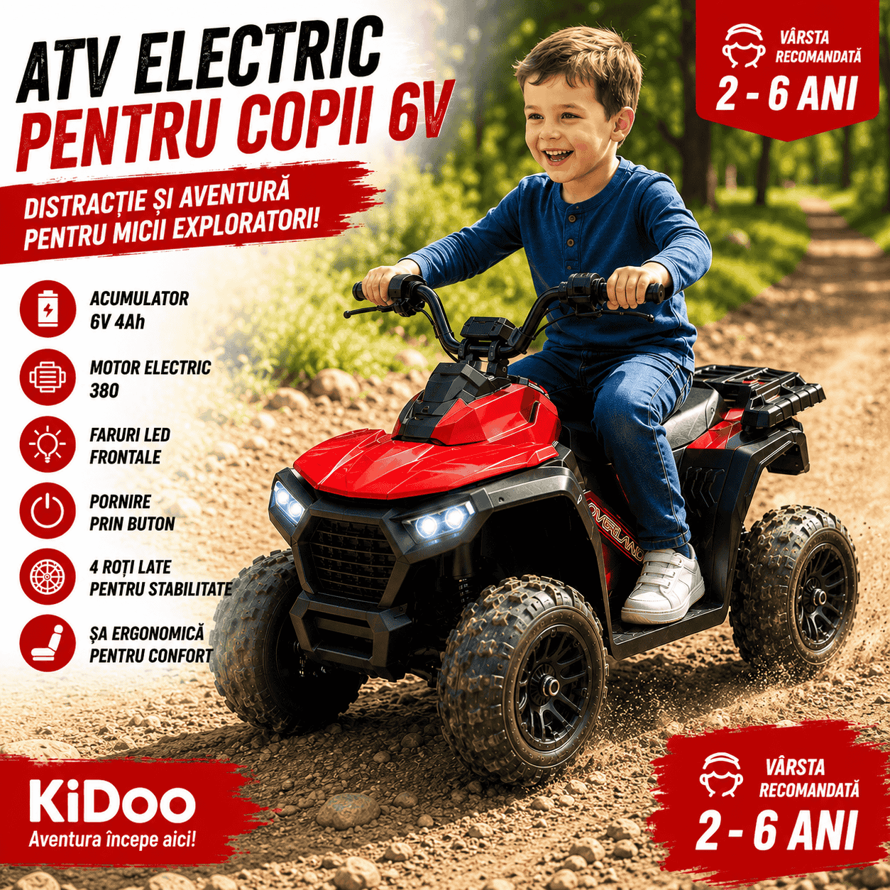 ATV Electric KIDOO pentru Copii 6V, Motor 380, Faruri LED, Pornire cu Buton, Design Off-Road, Roșu
