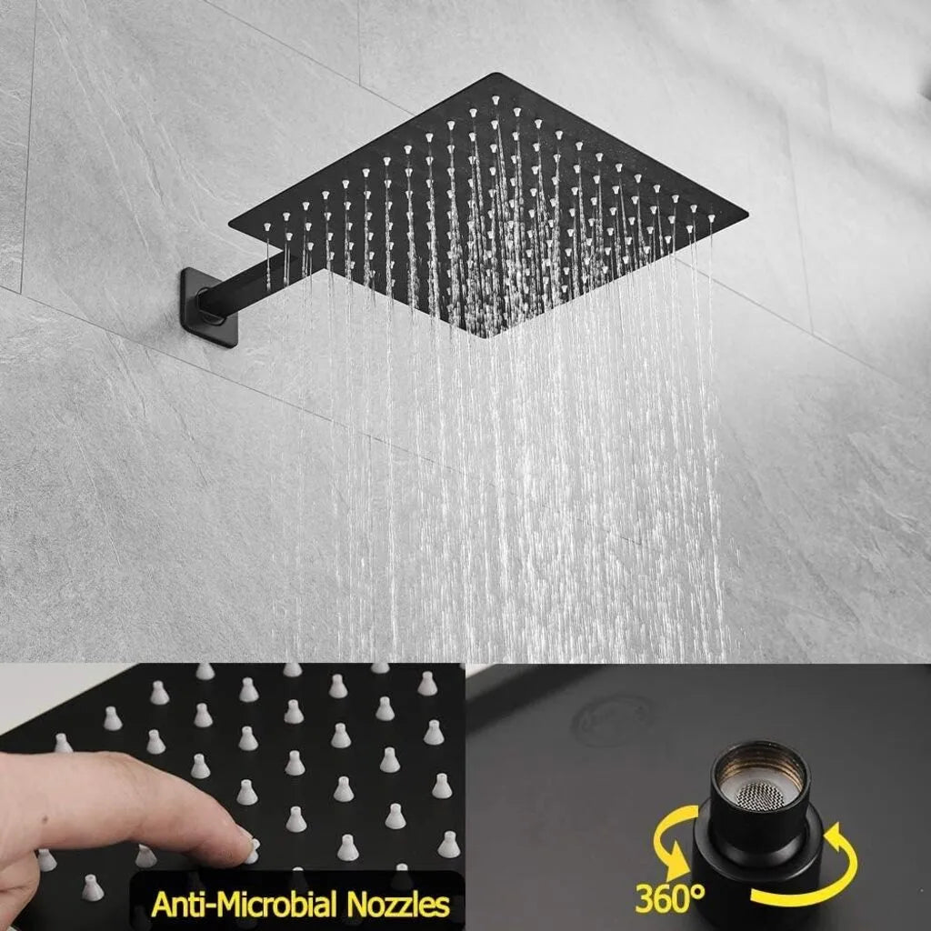 Sistem de Cadă-Duș negru mat, montaj pe perete, cap ploaie 10” și pară de duș, presiune înaltă