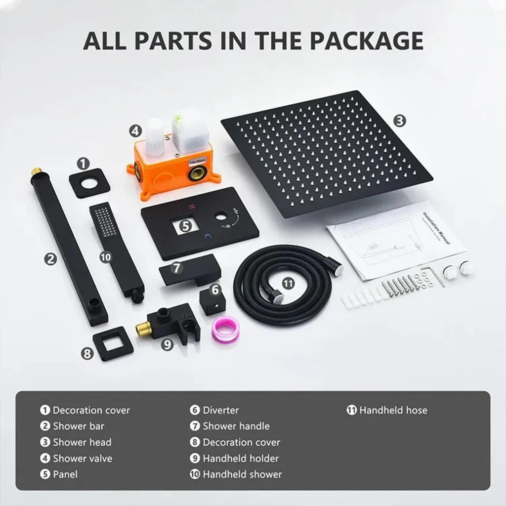 Sistem de Cadă-Duș negru mat, montaj pe perete, cap ploaie 10” și pară de duș, presiune înaltă