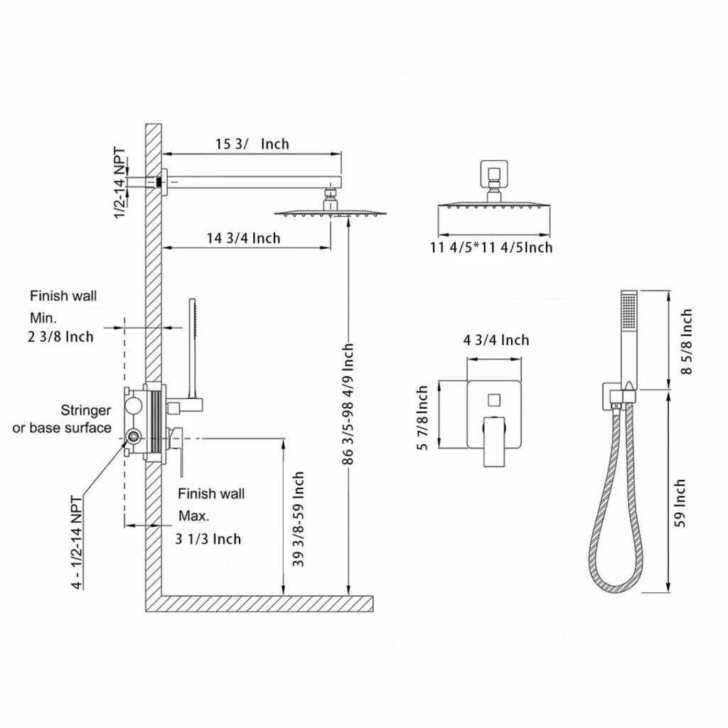 Sistem de Cadă-Duș negru mat, montaj pe perete, cap ploaie 10” și pară de duș, presiune înaltă