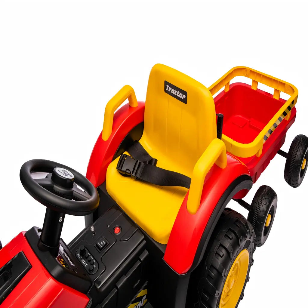 Tractor Electric KIDOO pentru Copii cu Telecomandă 2.4G, Remorcă Detașabilă, 12V 4.5Ah, 2 Motoare 380, Lumini LED, Muzică, Centură de Siguranță, Roșu/Galben