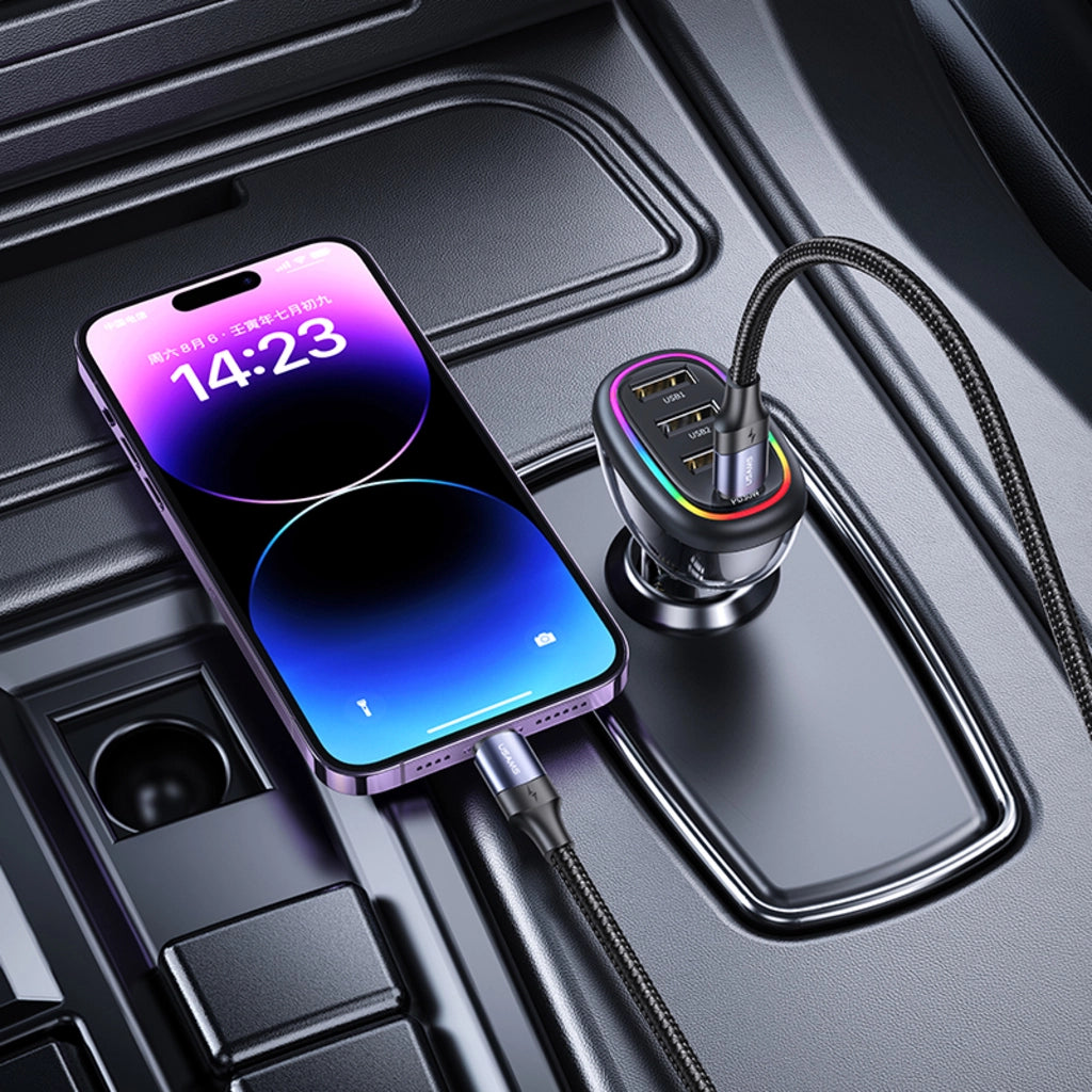 Încărcător auto rapid USAMS USB-C PD 30W + USB-A 18W, putere 48W, cu iluminare LED multicoloră, design transparent