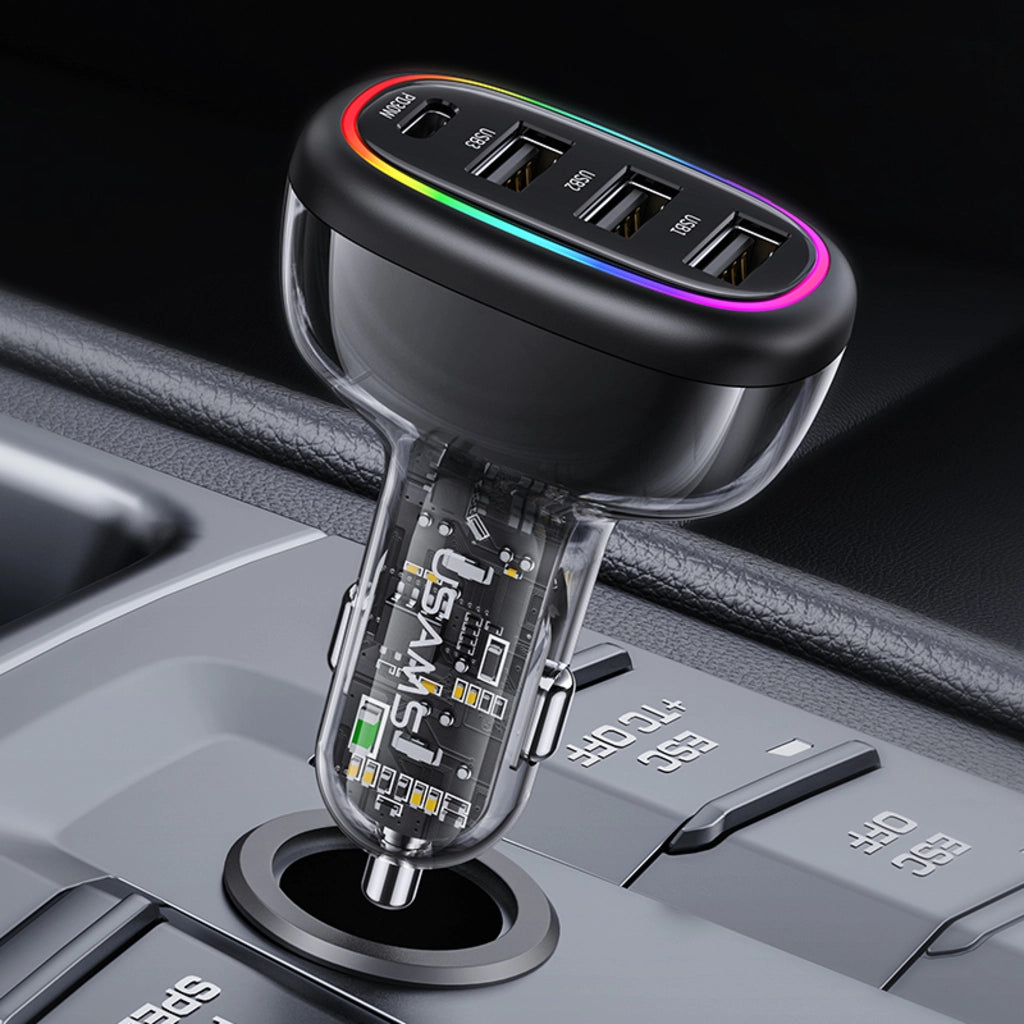 Încărcător auto rapid USAMS USB-C PD 30W + USB-A 18W, putere 48W, cu iluminare LED multicoloră, design transparent