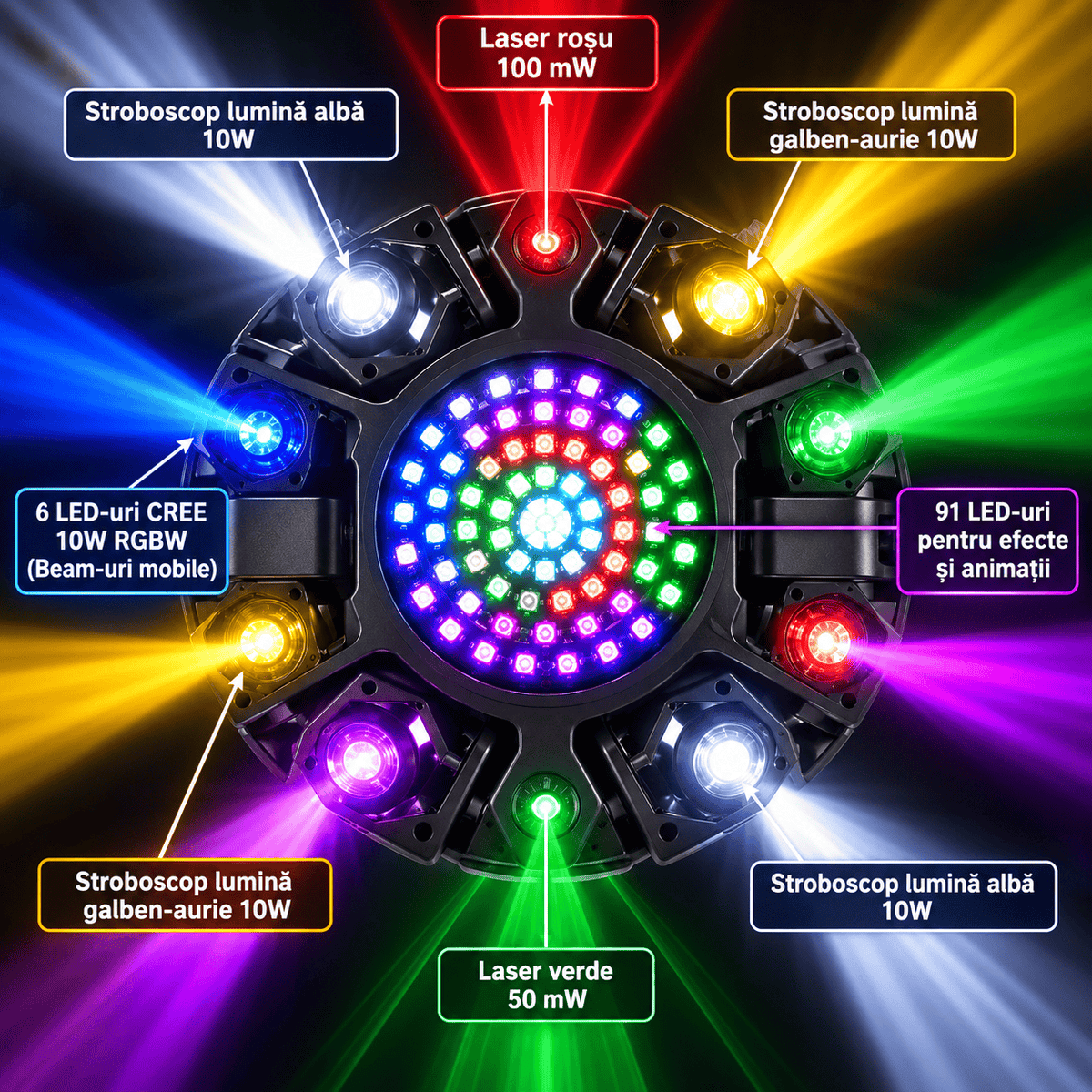 Moving Head LED Profesional Multi-Efect 100W, 6×10W RGBW CREE, Laser Roșu + Verde, Strobe Alb și Galben, 91 LED-uri, Brațe Rotative, DMX512 21 Canale, Sound Control