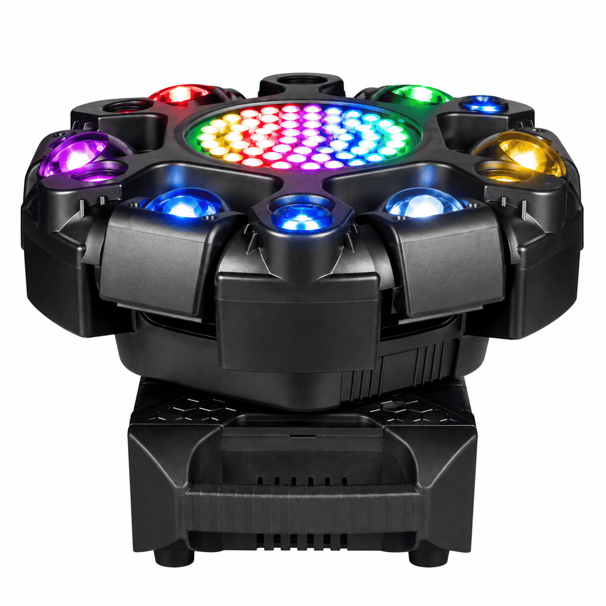 Moving Head LED Profesional Multi-Efect 100W, 6×10W RGBW CREE, Laser Roșu + Verde, Strobe Alb și Galben, 91 LED-uri, Brațe Rotative, DMX512 21 Canale, Sound Control