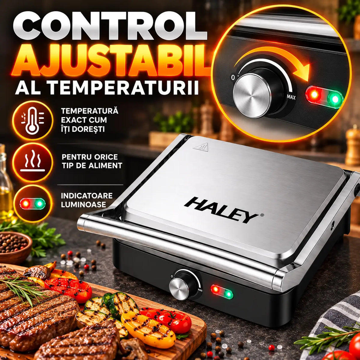 Grill Electric Haley HY-8609, 2000W, Plăci Antiaderente, Deschidere 180°
