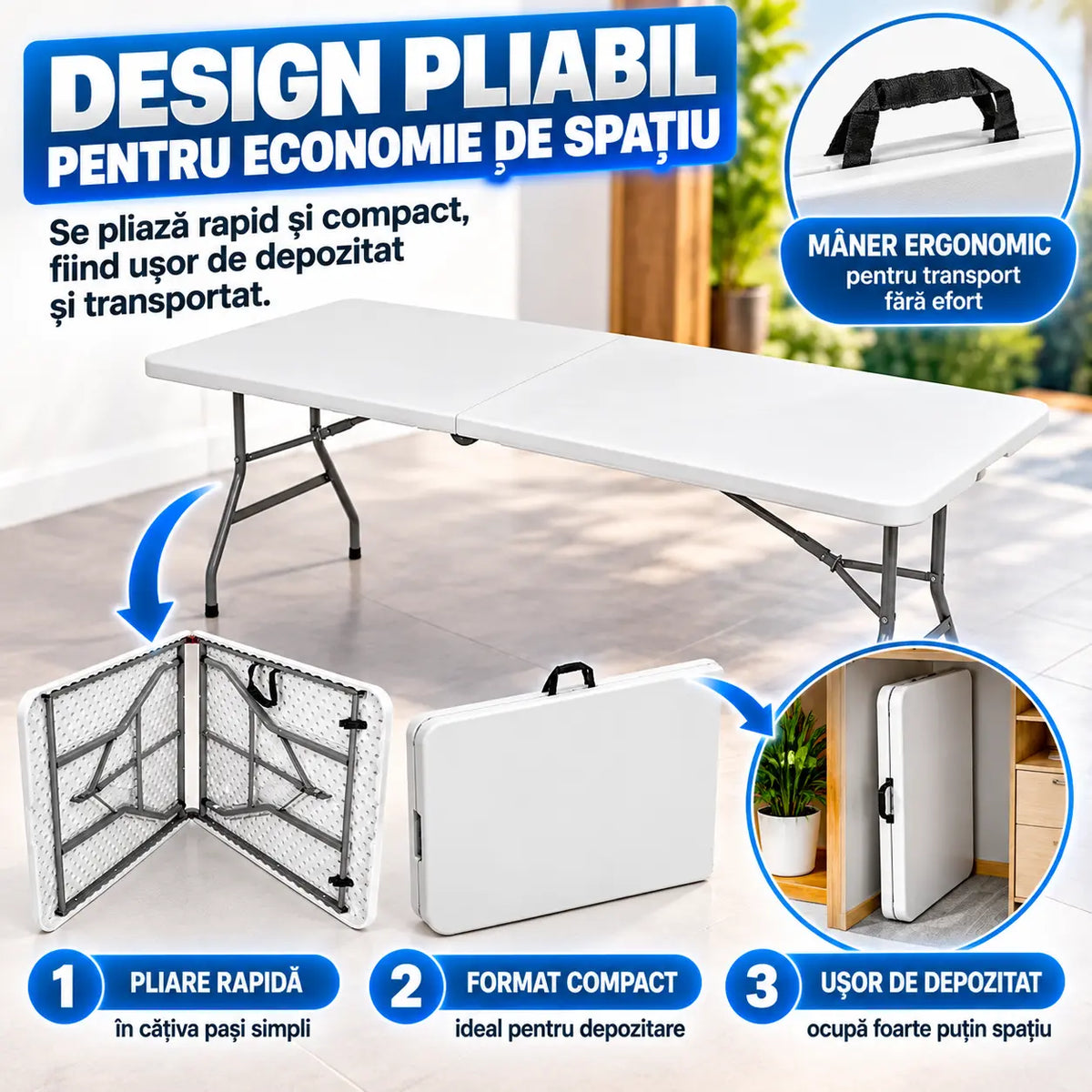 Masa plianta dreptunghiulara politilena, AT PERFORMANCE®, sigurante speciale, cadru din otel, maner transport, sustine 100 kg, 180 x 72 x 70 cm