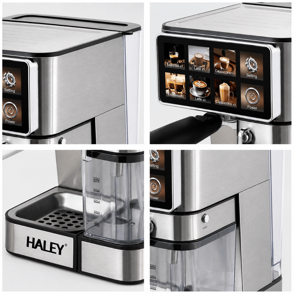 Espressor Automat Cu Ecran Tactil Color, Presiune 20 Bar, Rezervor Apă 1.8L Și Rezervor Lapte 500ml, 1350W, Carcasă Din Oțel Inoxidabil