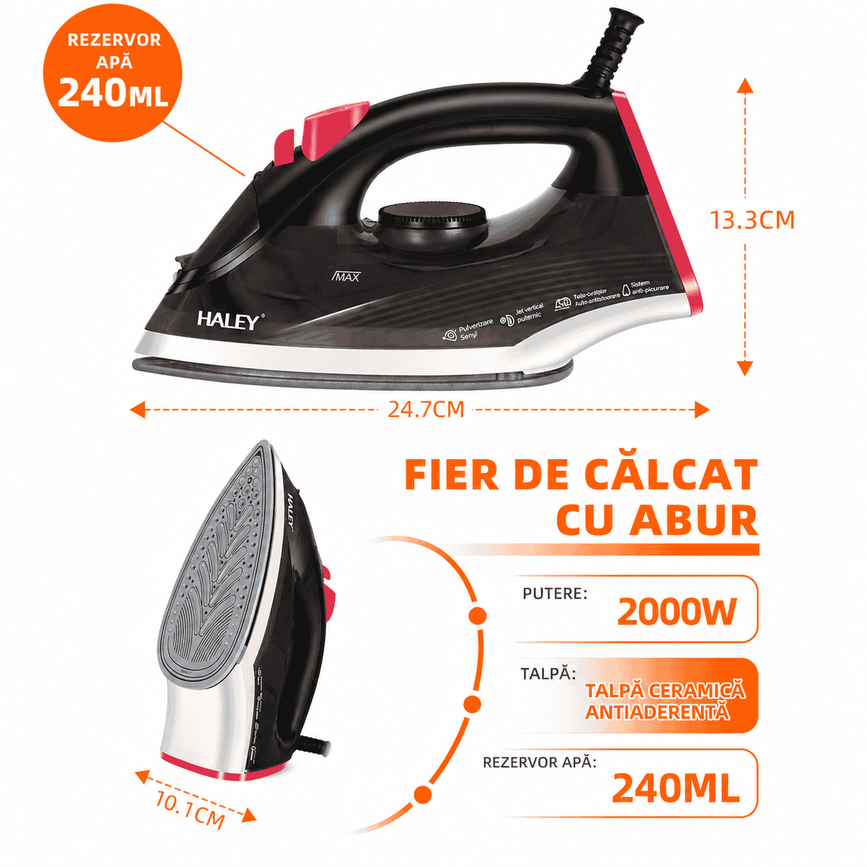 Fier De Călcat Cu Abur HALEY, Talpă Ceramică, Design Ergonomic, Funcții Multiple