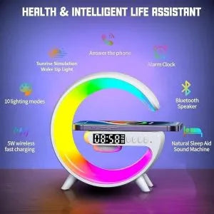 Lampa led RGB de masa 3in1, At Performance, cu Statie incarcare wireless, Muzica Bluetooth, FM, USB, 1500mh, Alb