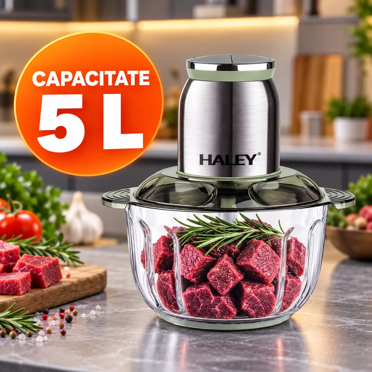 Tocător de alimente HALEY HY-1265, 1200 W, capacitate 5 L, 6 lame, 2 viteze, corp din oțel inoxidabil