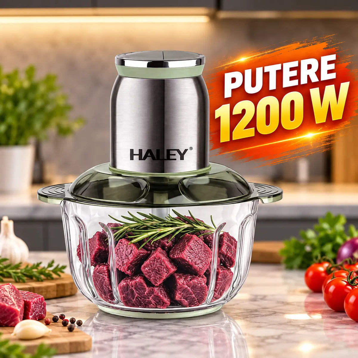 Tocător de alimente HALEY HY-1265, 1200 W, capacitate 5 L, 6 lame, 2 viteze, corp din oțel inoxidabil