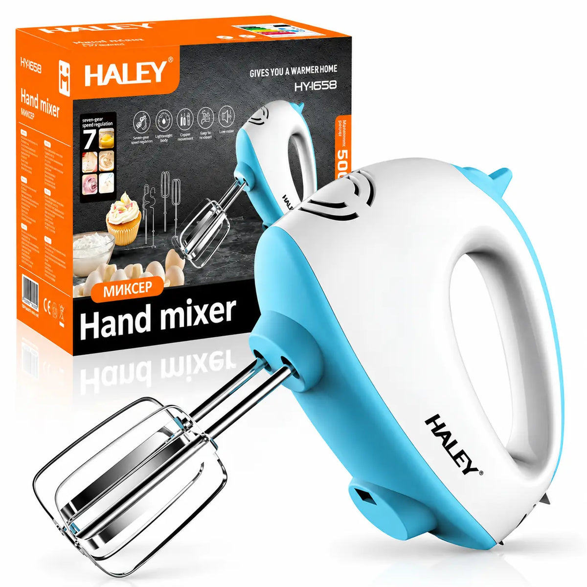 Mixer de Mână Haley 500W, 7 Trepte Viteză, Alb/Albastru, Silențios, Accesorii Incluse