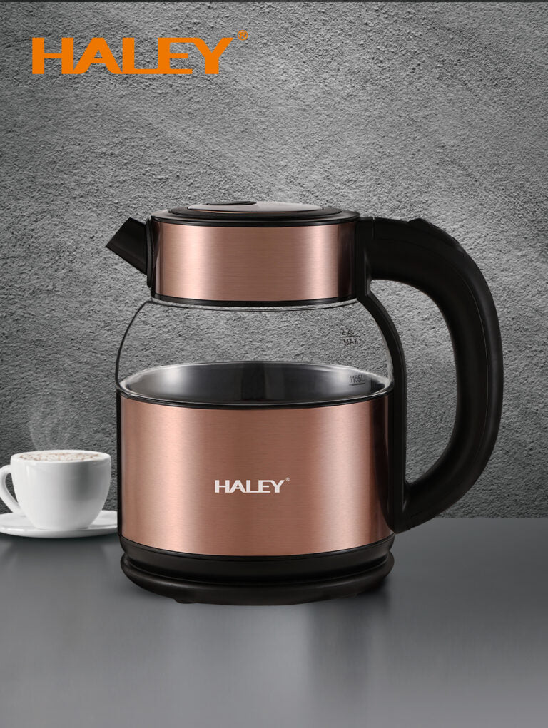 Fierbător Electric HALEY 2.2L, 2000W, Inox și Sticlă, Oprire Automată, Protecție Anti Fierbere Uscată, Bază 360°