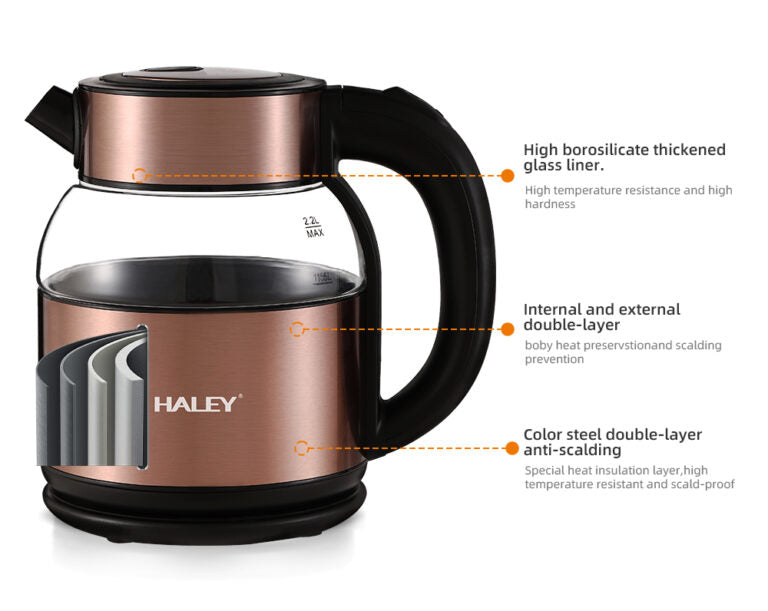 Fierbător Electric HALEY 2.2L, 2000W, Inox și Sticlă, Oprire Automată, Protecție Anti Fierbere Uscată, Bază 360°
