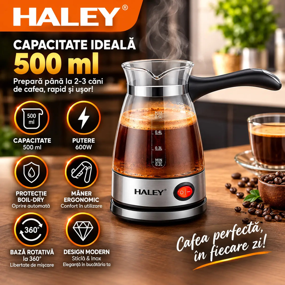 Ibric Electric HALEY® HY-8926, 600W, Capacitate 500 ml, Protecție Boil-Dry, Bază Rotativă 360°
