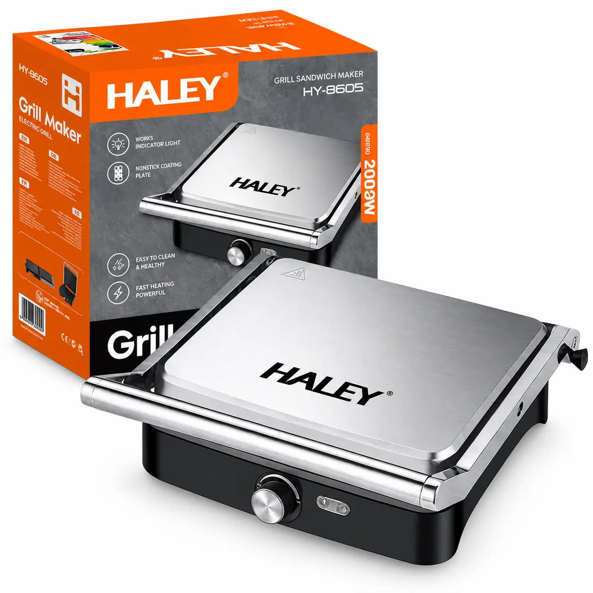 Grill Electric Haley HY-8609, 2000W, Plăci Antiaderente, Deschidere 180°