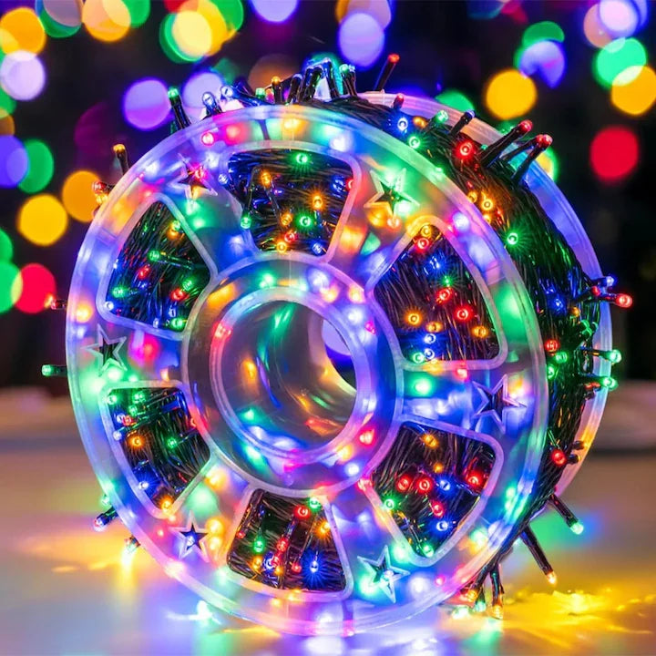 Rola Instalație de Crăciun Liniară, AT PERFORMANCE®, 480 LED-uri, 8 Jocuri de Lumini Interschimbabile, Alimentare la Priză pentru Interior/Exterior, Rola 100m, Fir Negru, Multicolor