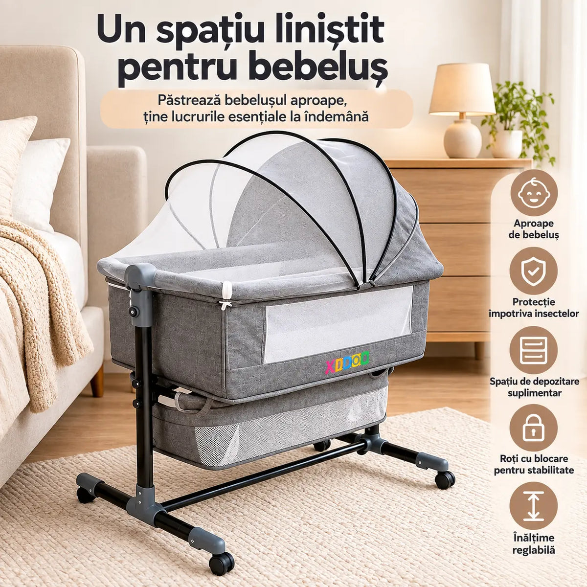Pătuț Reglabil și Portabil 6 în 1 KIDOO® pentru Bebe – Saltea, Plasă Anti-Țânțari și Coș de Depozitare