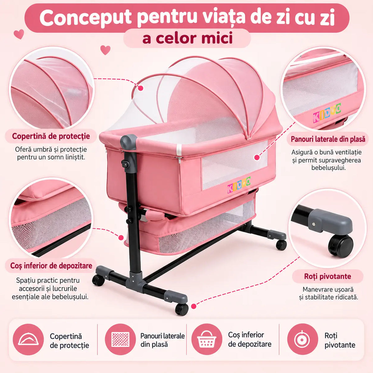 Pătuț Reglabil și Portabil 6 în 1 KIDOO® pentru Bebe – Saltea, Plasă Anti-Țânțari și Coș de Depozitare
